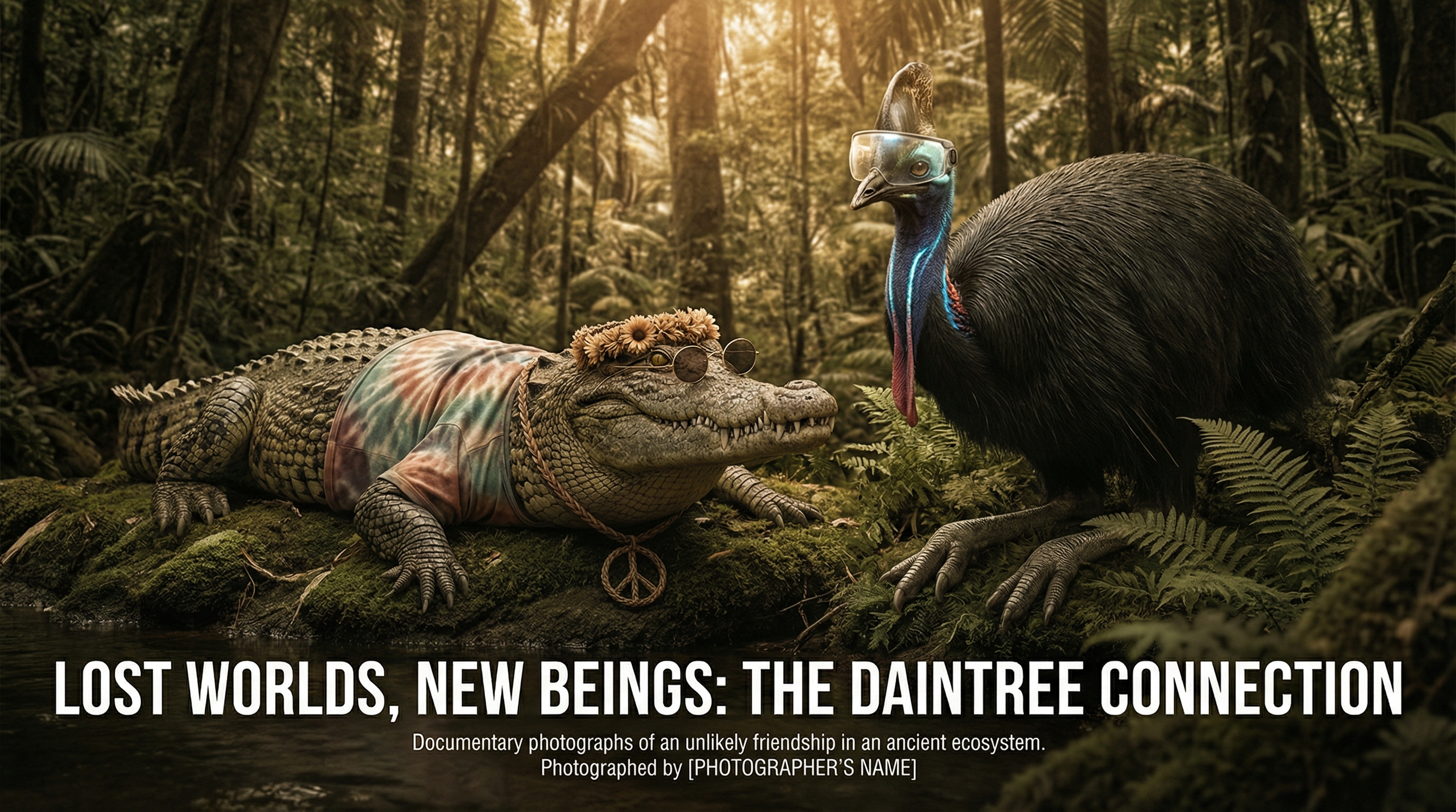 A hippie crocodile and cyberpunk cassowary in the Daintree rainforest